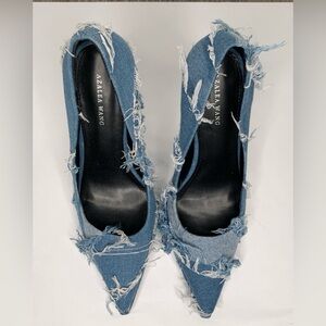 Azalea Wang Giada Distressed Blue Denim Heels